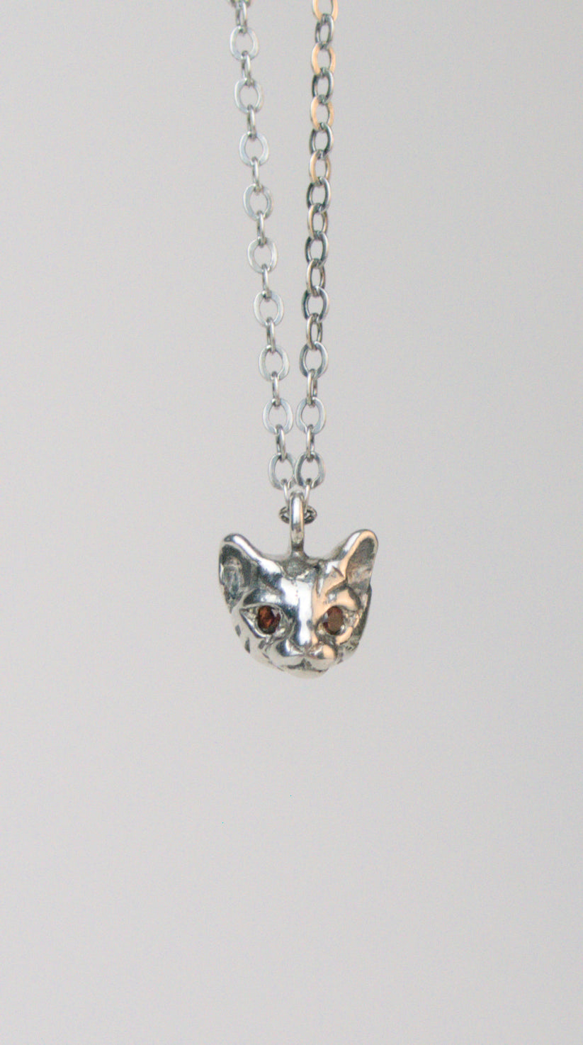 Bastet Amulet Charm Necklace, Garnet eyes