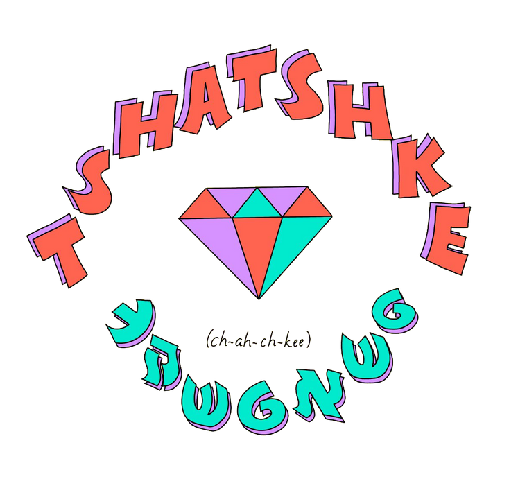 Colorful illustration of the word Tshatshke spelled in english and hebrew encircling a colorful illustration of a diamond.