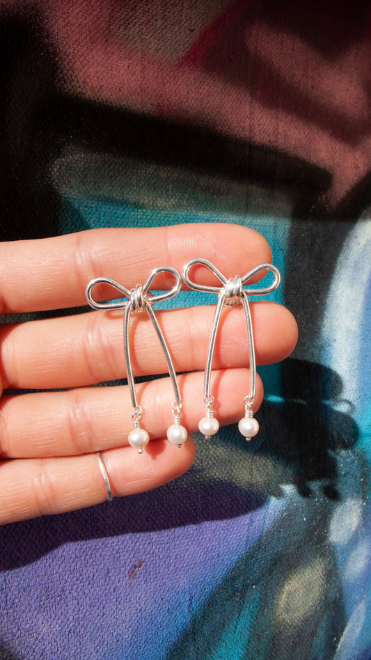 Gold plated Silver Bow Earrings With Pearls! On handmade hoops <3